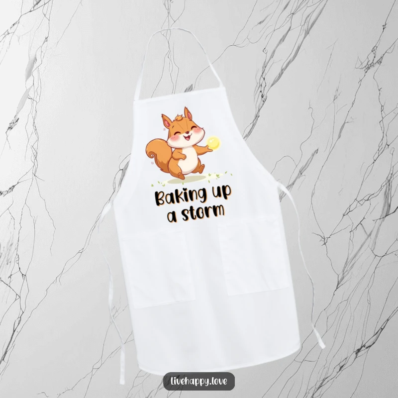Funny Squirrel Apron: An energetic squirrel with puffed cheeks chases a sparkling orb of light, ready for culinary adventures.