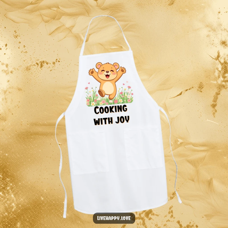 Funny apron depicting a bear cub joyfully leaping with arms wide in a field of vibrant flowers, ready for kitchen adventures.