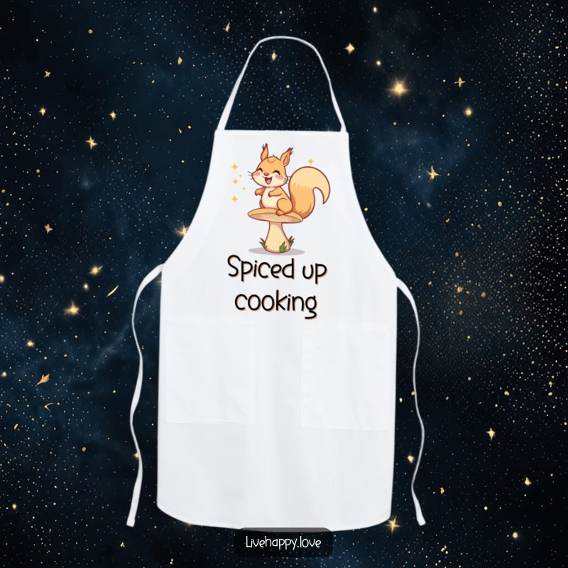Funny apron depicting a grinning squirrel joyfully bouncing on a springy mushroom, surrounded by happy, shimmering sparkles.