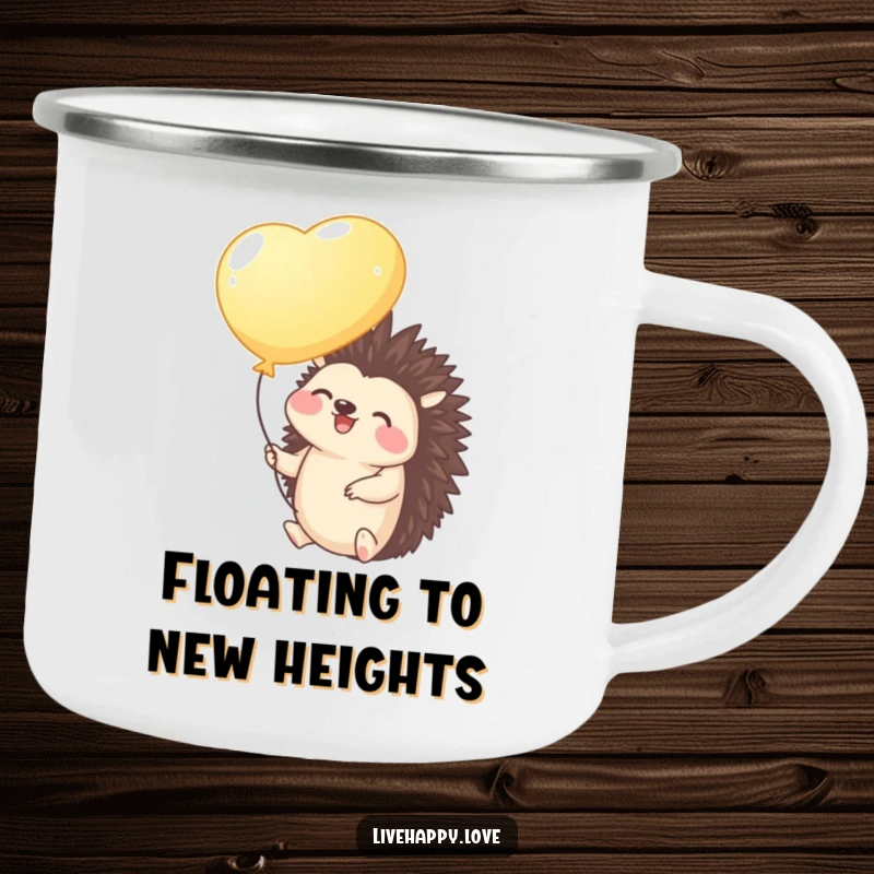 Funny Hedgehog Camping Mug: A giggling hedgehog holds a bright balloon, gently floating upwards, ready for whimsical adventures.