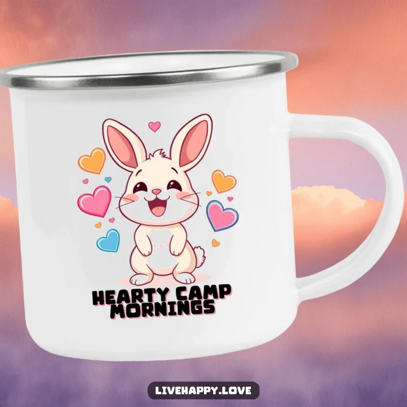 Funny camping mug with a smiling rabbit energetically juggling colorful hearts, bringing love and cheer to outdoor settings.