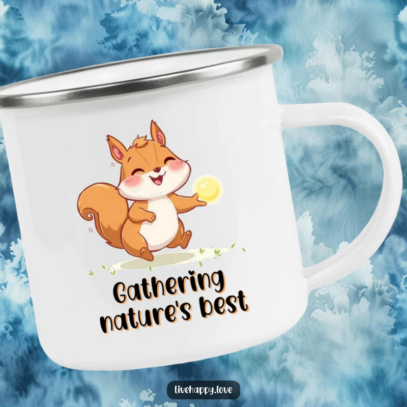 Funny Squirrel Camping Mug: An energetic squirrel with puffed cheeks chases a sparkling orb of light, embodying the spirit of adventure.