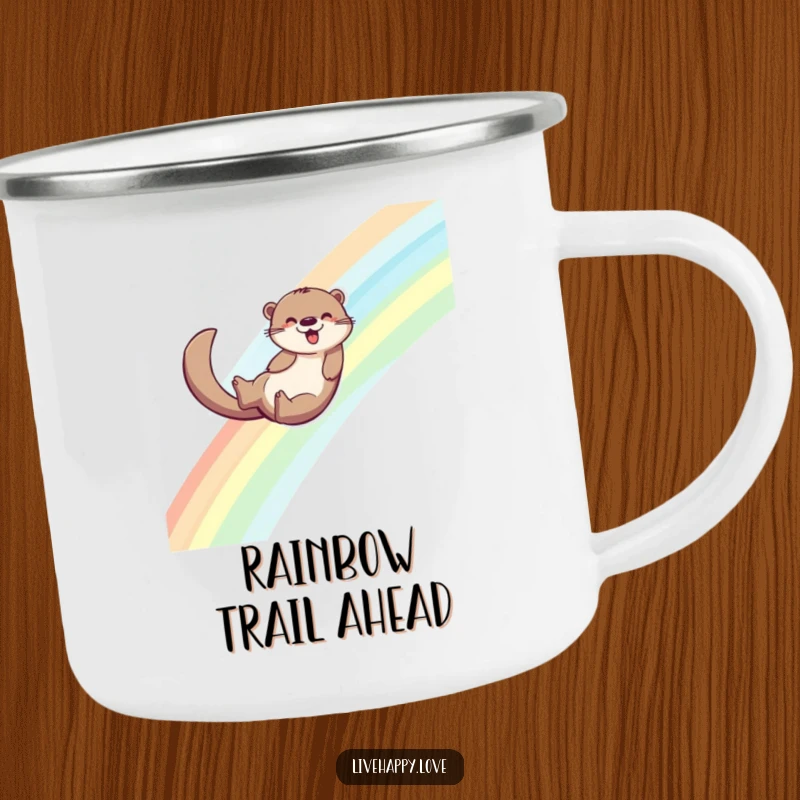Funny camping mug with an energetic otter sliding down a vibrant rainbow, its tail creating a trail of sparkling joy in an outdoor setting.
