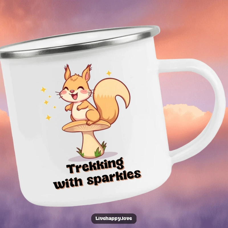 Funny camping mug with a grinning squirrel joyfully bouncing on a springy mushroom, surrounded by happy, shimmering sparkles in an outdoor setting.
