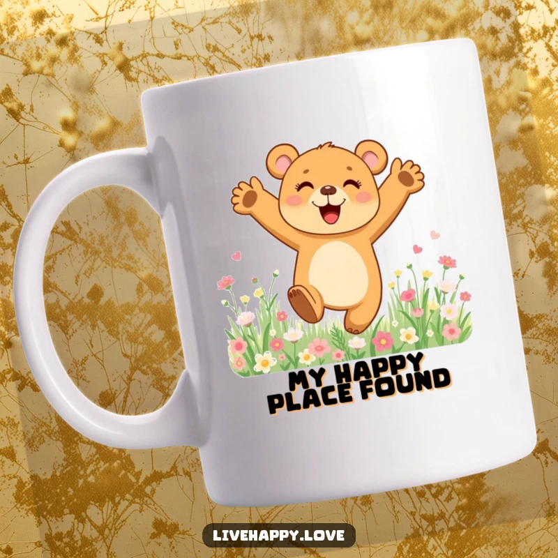 Funny bear cub mug joyfully leaping high with arms outstretched in a vibrant field of colorful flowers, radiating happiness.
