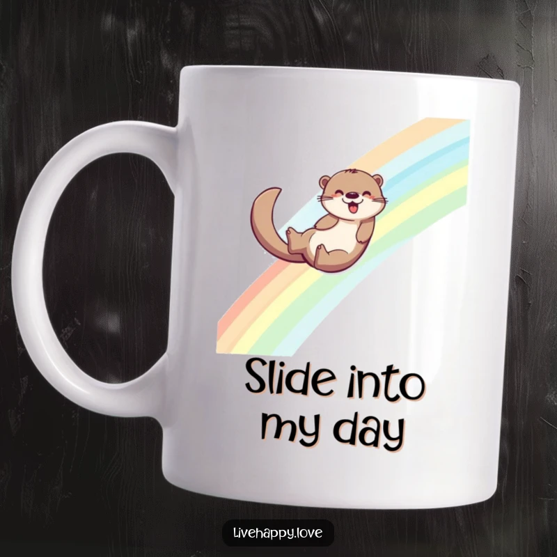 Funny otter mug depicting an energetic otter joyfully sliding down a vibrant rainbow, its tail leaving a sparkling trail of pure joy.
