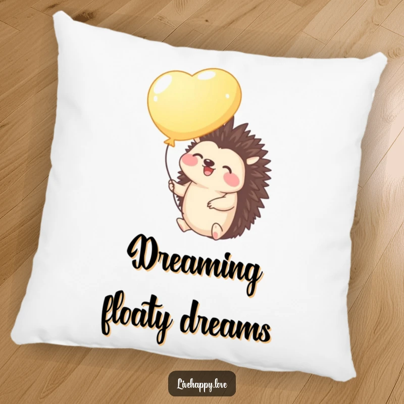 Funny Hedgehog Pillow: A giggling hedgehog holds a bright balloon and floats gently upwards, bringing a sense of wonder.