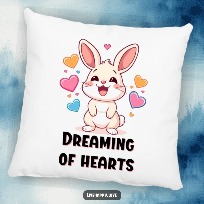 Funny pillow featuring a happy, smiling rabbit skillfully juggling colorful hearts that bounce energetically around it, bringing joy.