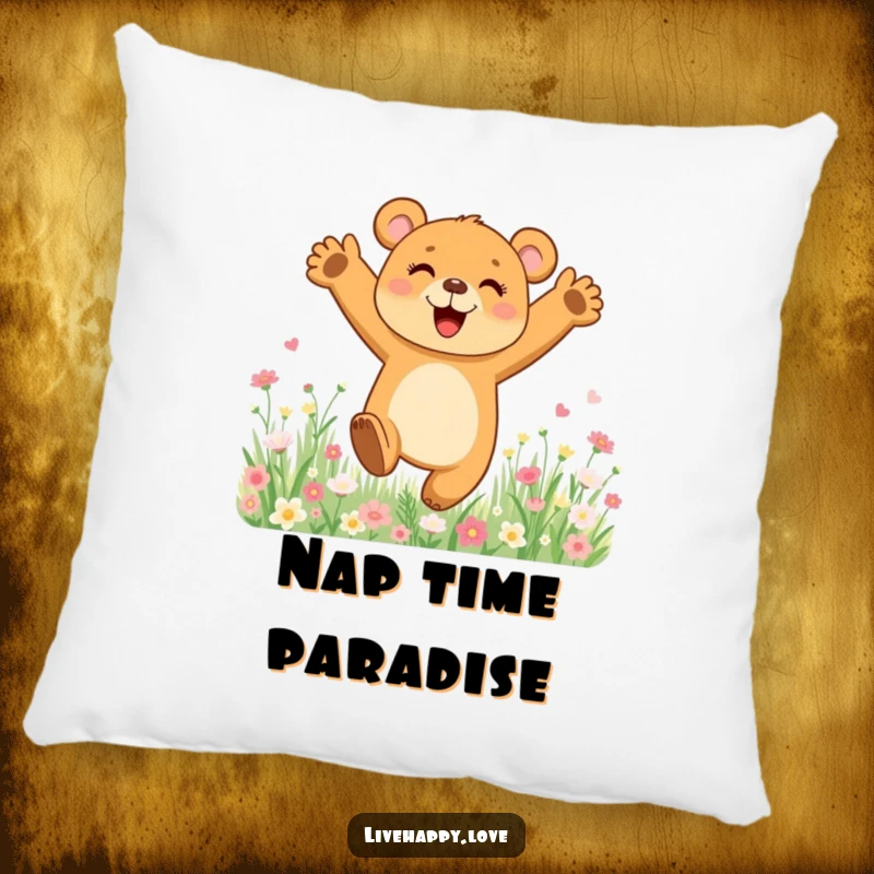 Funny pillow illustrated with a happy bear cub joyfully leaping with outstretched paws in a field full of blooming, colorful flowers.