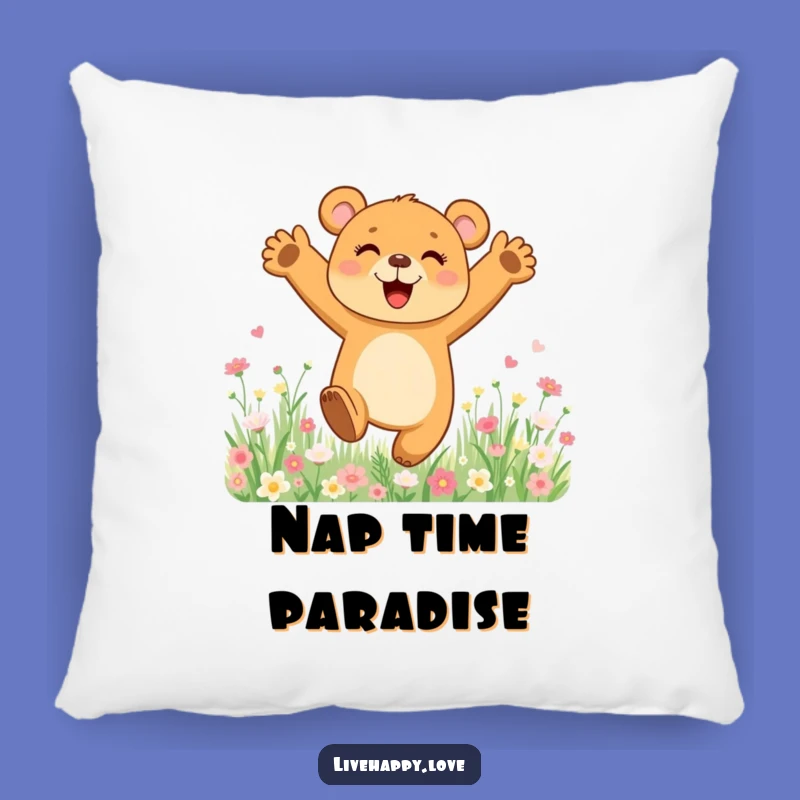 Funny Bear Cub Pillow: Cozy Joyful Leap in Flower Field, Cute Funny Gift