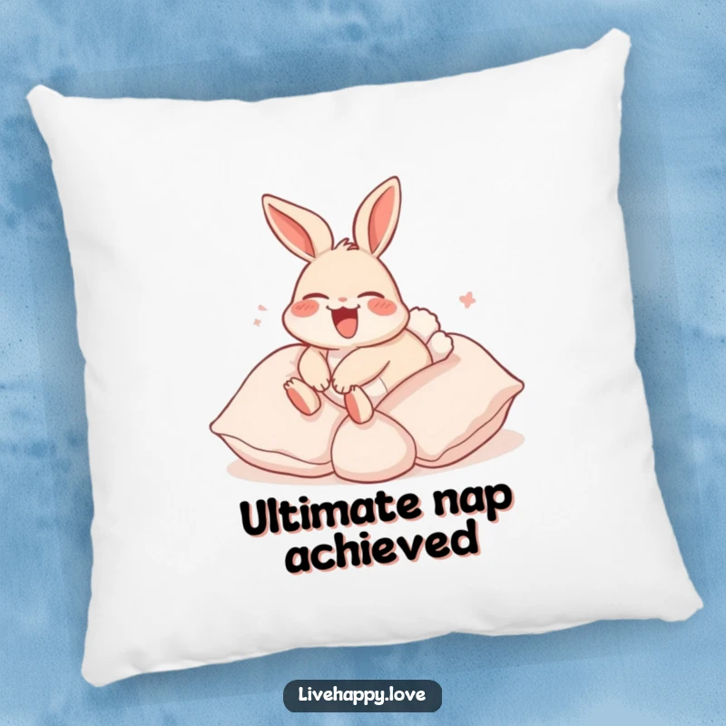Funny Rabbit Pillow: A laughing rabbit with ears flopped back happily rolls down a hill made of plush, soft pillows.