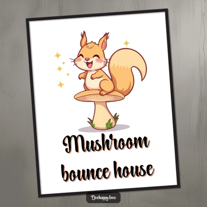 Funny digital art print of a grinning squirrel energetically bouncing on a springy mushroom, emitting a delightful shower of happy sparkles.