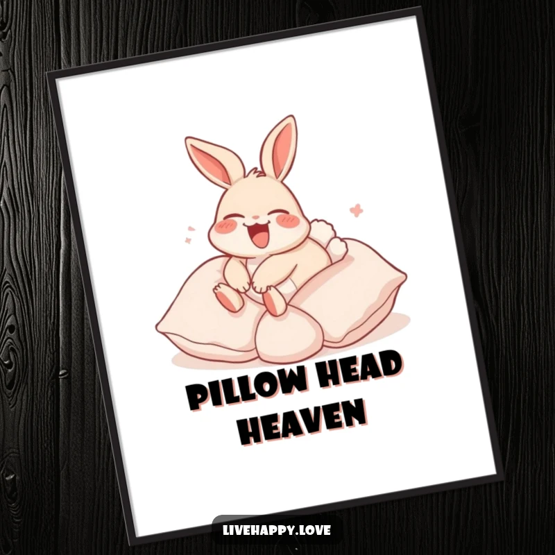 Funny Rabbit Digital Art Print: A laughing rabbit with ears flopped back happily rolls down a hill made of soft pillows, embodying pure joy.
