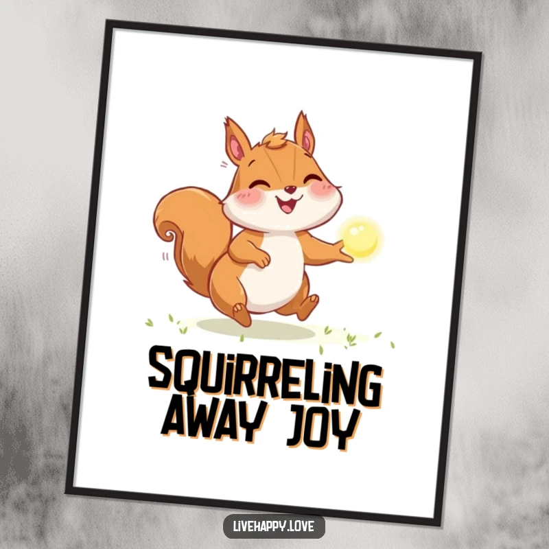 Funny Squirrel Digital Art Print: A joyful squirrel with puffed cheeks energetically chases a sparkling orb of light, full of playful determination.
