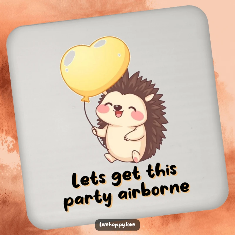 Funny Hedgehog Coaster: A giggling hedgehog holding a bright balloon floats gently upwards, adding whimsical charm to tabletops.
