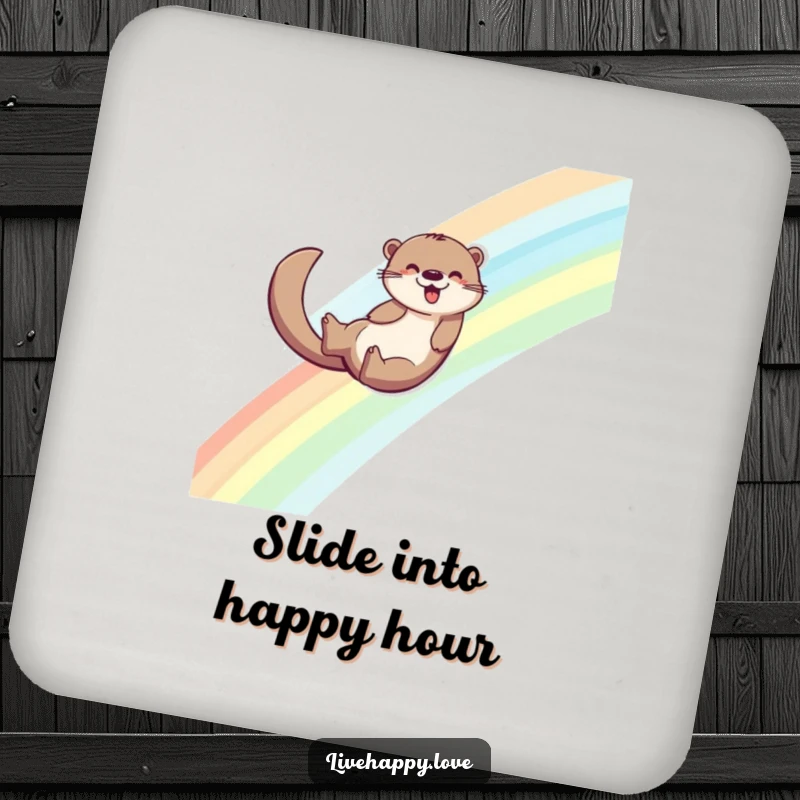 Funny drink coaster showing an energetic otter sliding down a rainbow, its tail leaving a trail of sparkling joy.