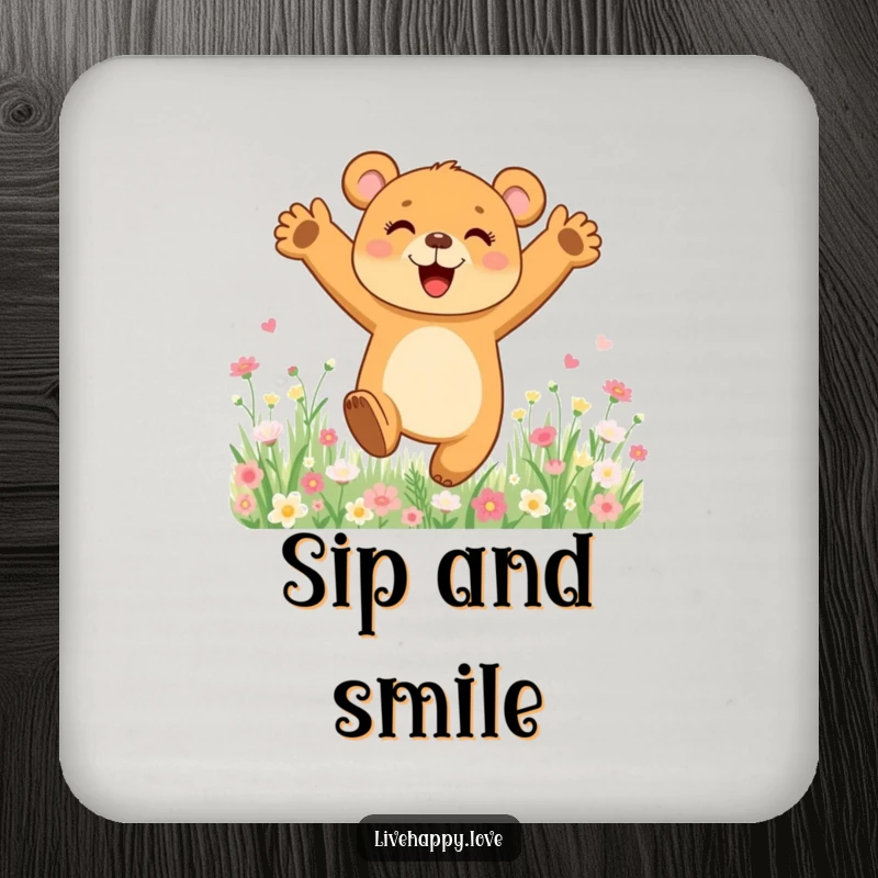 Funny drink coaster showcasing a bear cub joyfully leaping in a field of vibrantly colored flowers, adding a happy touch.