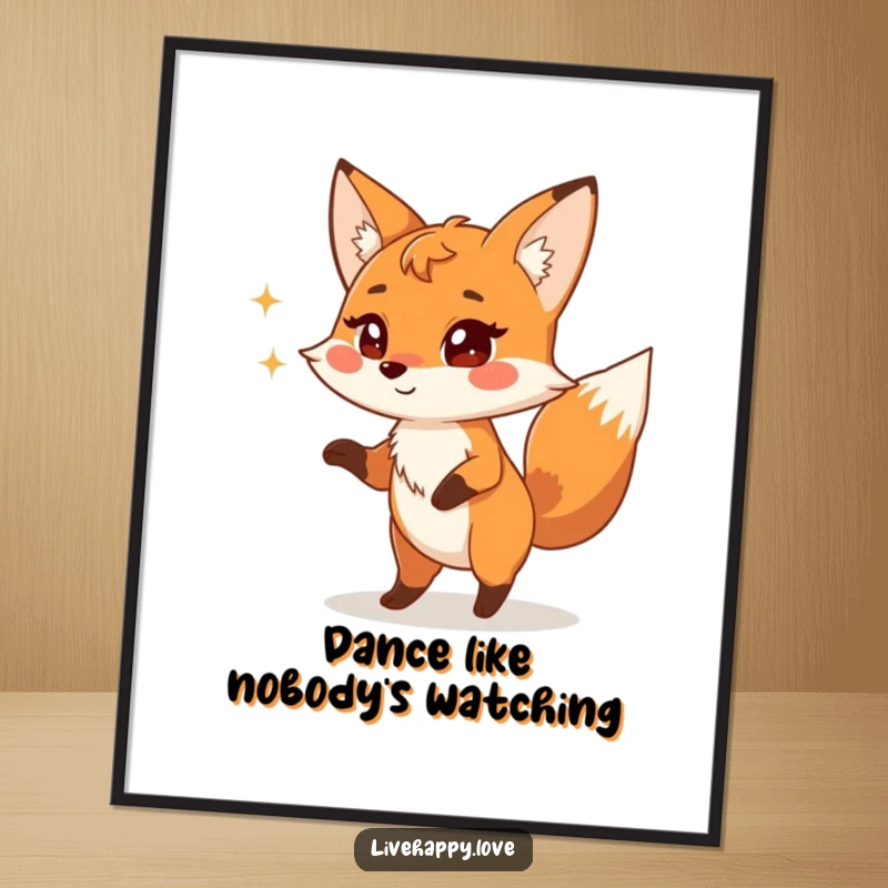 Funny Fox Poster: A playful fox with sparkling, mischievous eyes is depicted doing a very silly, energetic dance with joyful abandon.
