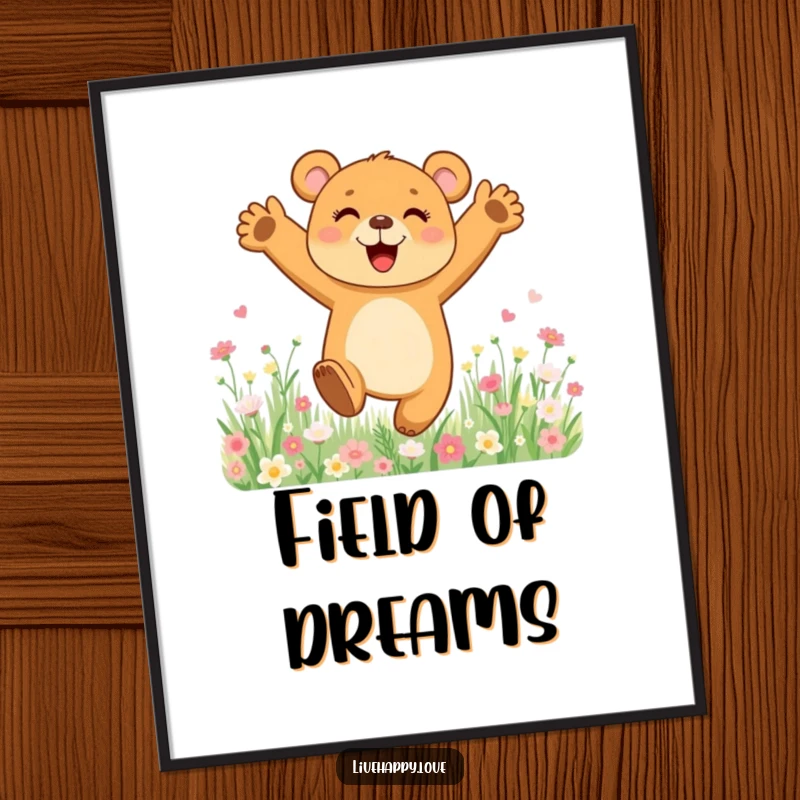 Funny poster showcasing a bear cub ecstatically leaping with open arms in a radiant field brimming with diverse, colorful flowers.