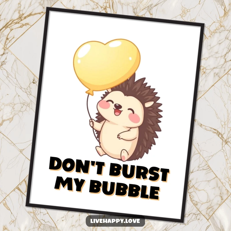 Funny Hedgehog Poster: A giggling hedgehog holds aloft a bright balloon, gently floating upwards with a look of happy contentment.