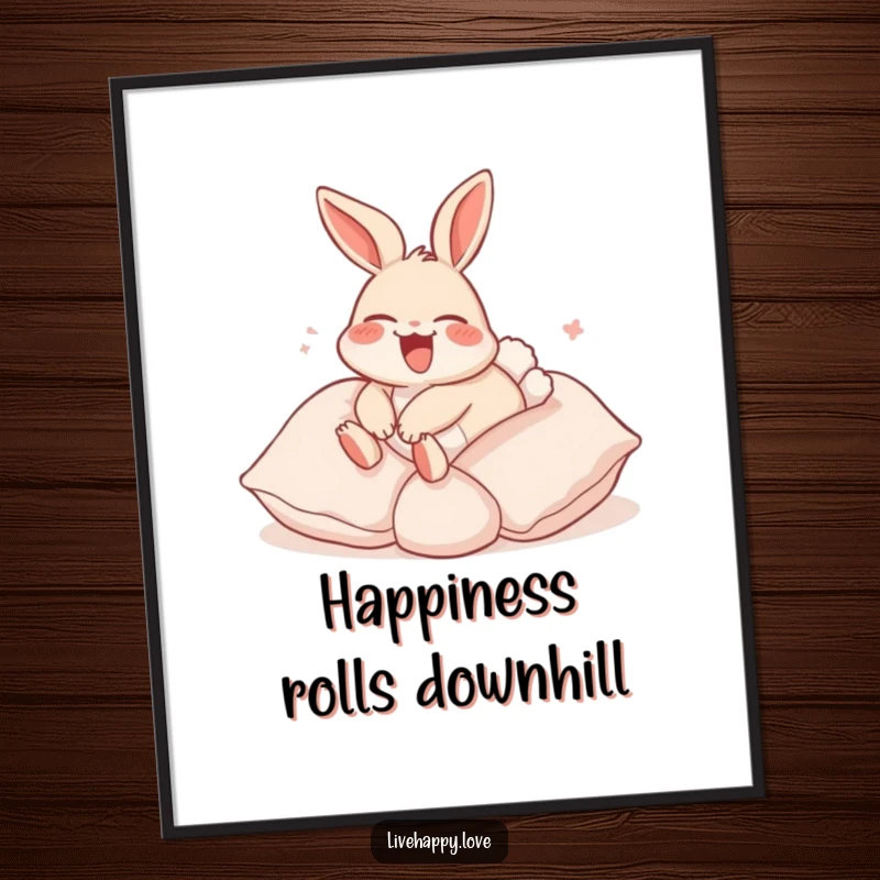 Funny Rabbit Poster: A laughing rabbit with ears back joyfully rolls down a gentle slope covered in soft, inviting pillows.