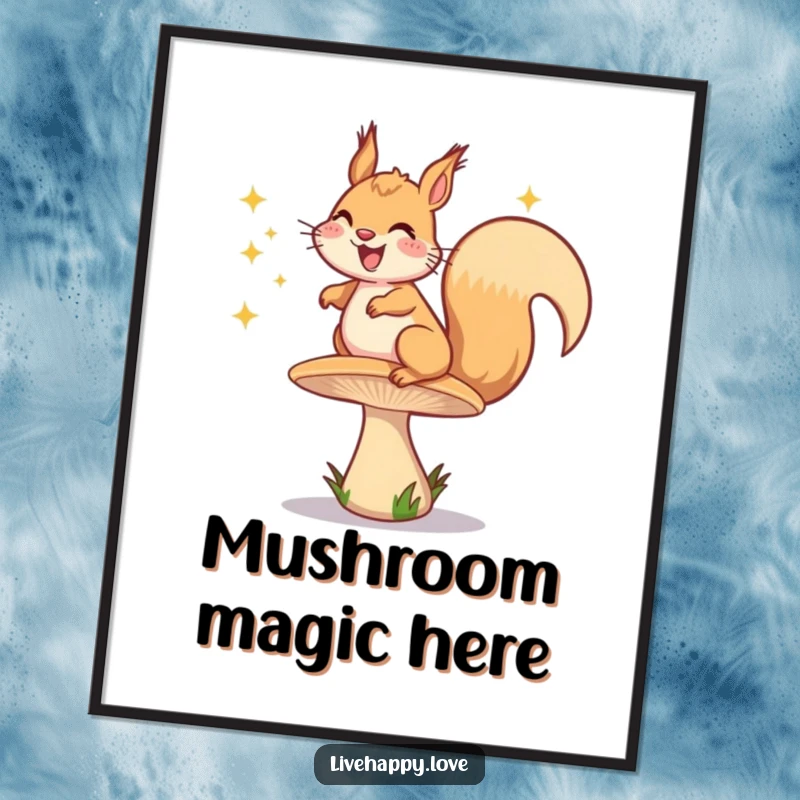 Funny poster artwork of a grinning squirrel joyfully bouncing on a vibrant, springy mushroom, emitting a dazzling trail of happy sparkles.