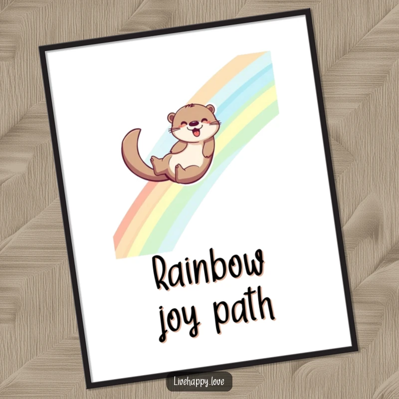 Funny poster artwork of an energetic otter sliding down a bright, multi-colored rainbow, its tail leaving behind a visible trail of joy.