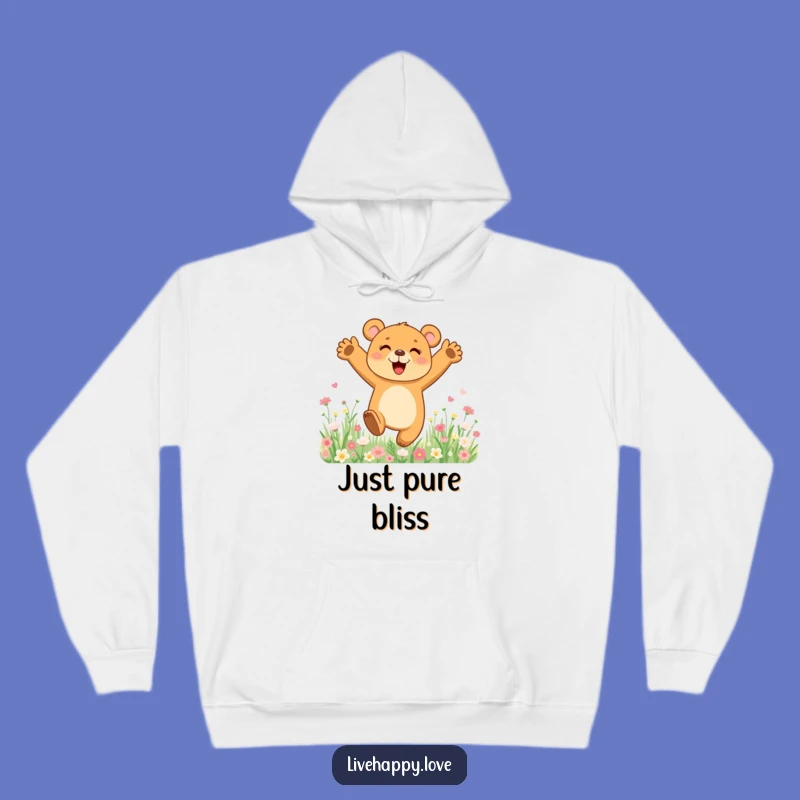 Funny Bear Cub Hoodie: Cozy Joyful Leap in Flower Field, Perfect Funny Gift