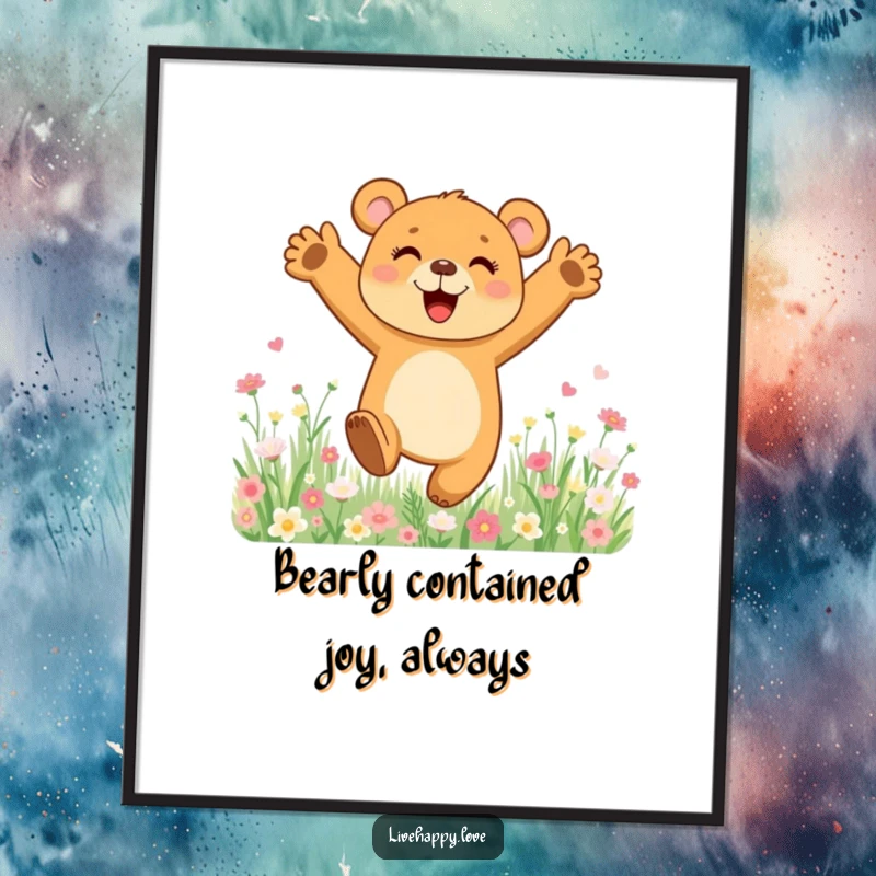 Funny Free Printable Wall Art: Joyful bear cub with arms outstretched leaping gleefully in a vibrant field of flowers.