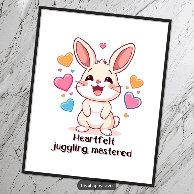 Funny Free Printable Wall Art: Cute rabbit with a wide smile energetically juggling many colorful bouncing hearts.