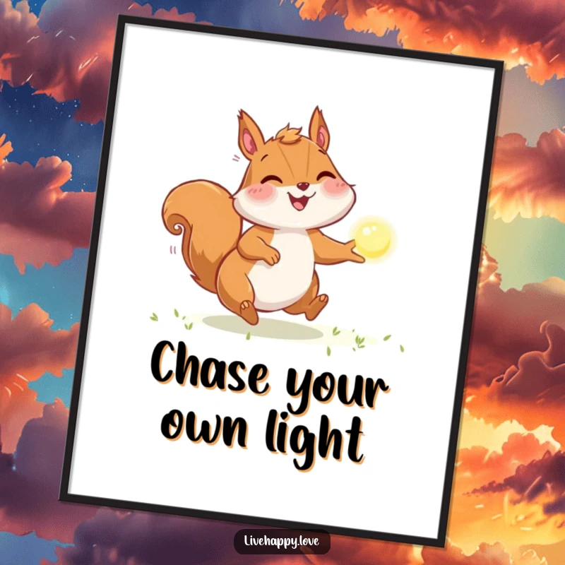 Funny Free Printable Wall Art: Joyful squirrel with puffed cheeks chasing a sparkling orb of light with playful intent.