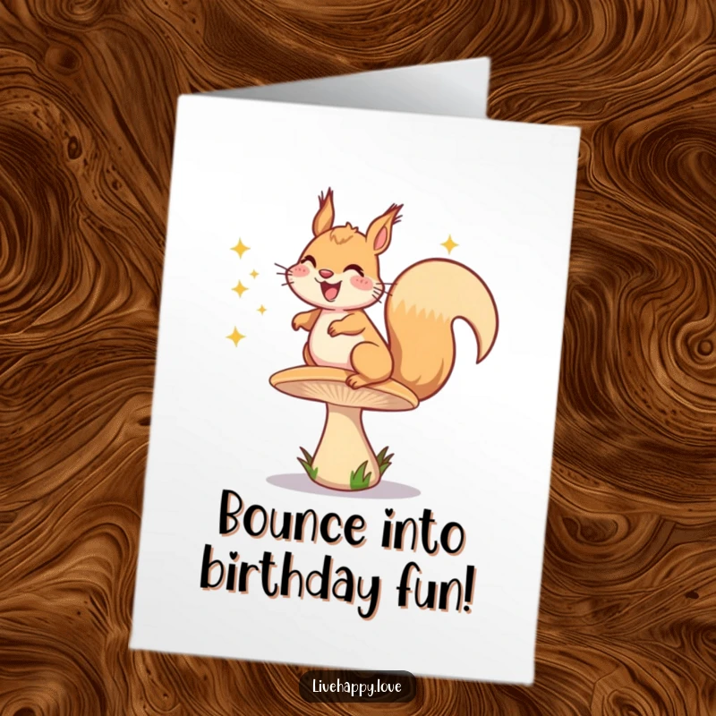 Funny Free Printable Birthday Card: Grinning squirrel energetically bouncing on a springy mushroom, emitting happy sparkles.