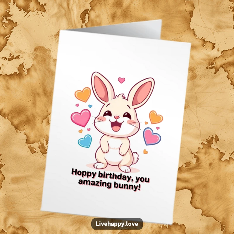 Funny Free Printable Birthday Card: Cute rabbit with a wide smile energetically juggling colorful bouncing hearts.