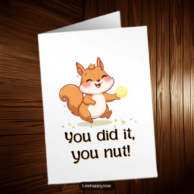 Funny Free Printable Congrats Card: Joyful squirrel with puffed cheeks chasing a sparkling orb of light, symbolizing ambition.