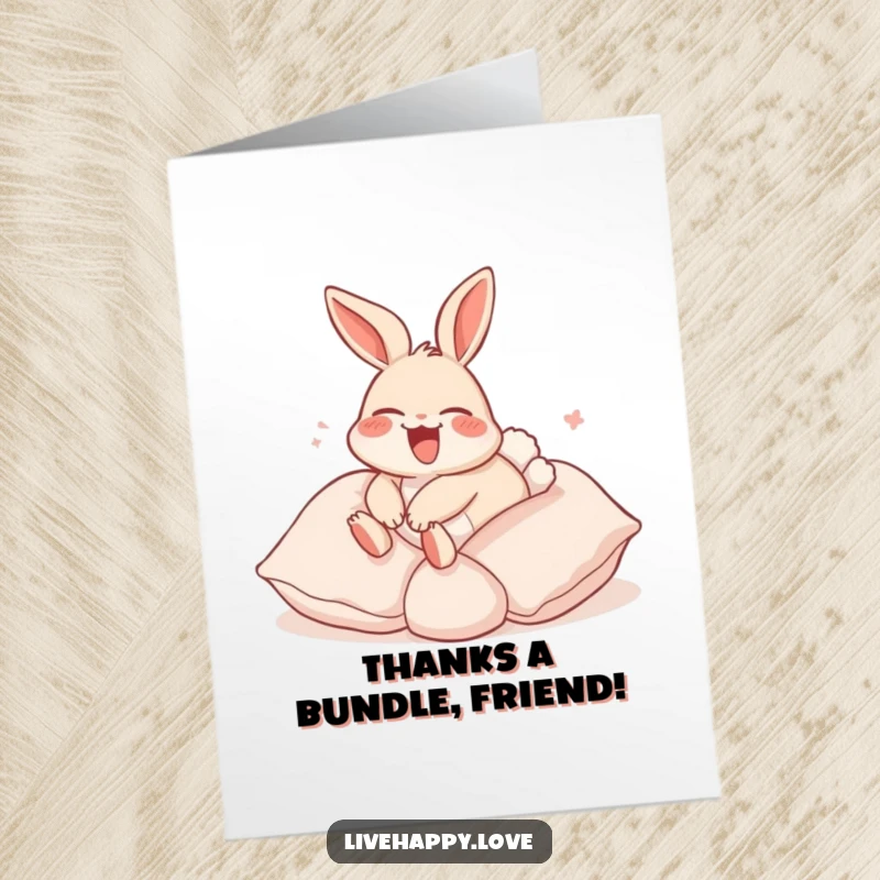 Funny Free Printable Thank You Card: Laughing rabbit with flopped ears happily rolling down a hill of soft pillows, expressing thanks.