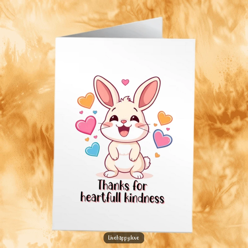 Funny Free Printable Thank You Card: Cute rabbit with a wide smile energetically juggling colorful bouncing hearts.