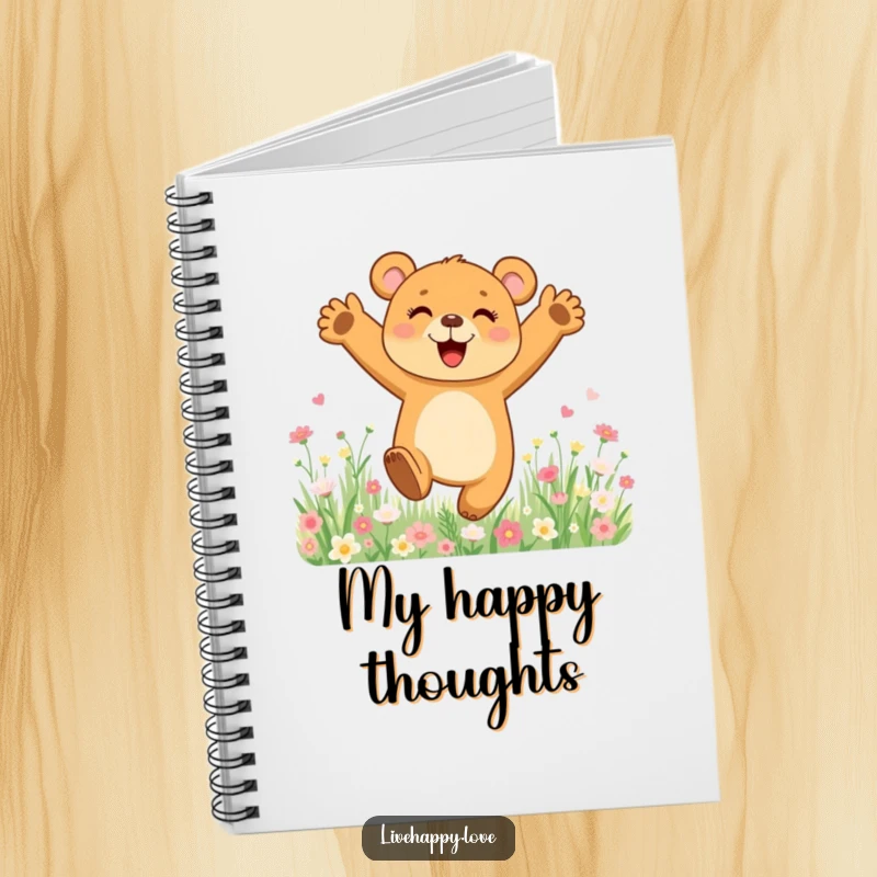 Funny notebook cover with a happy bear cub leaping joyfully in a field of flowers, symbolizing creative bursts and happy thoughts.