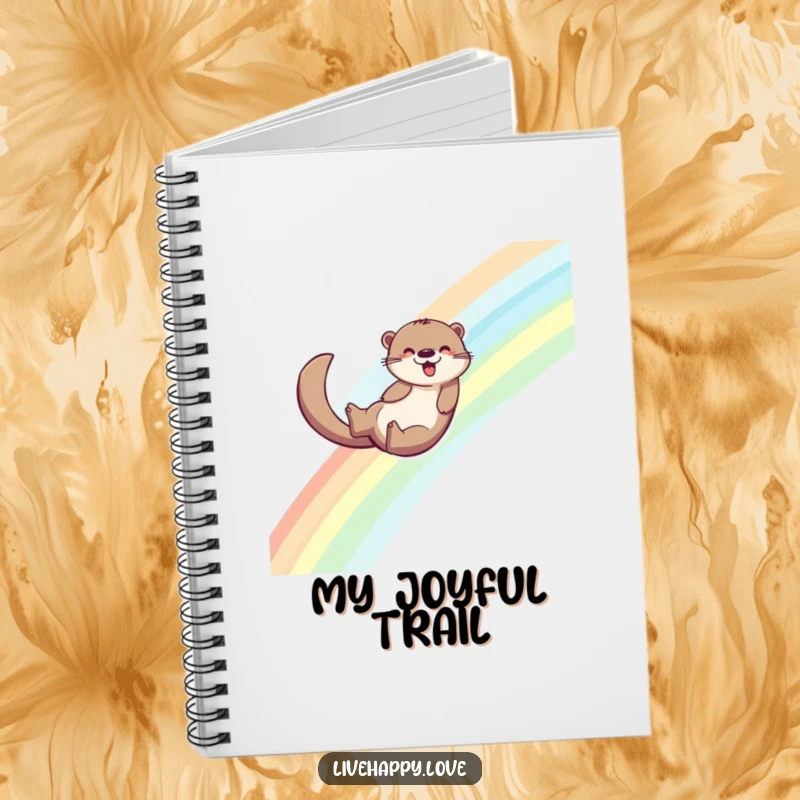 Funny notebook cover with an energetic otter sliding down a rainbow, its tail leaving a trail of joy, symbolizing flowing ideas.