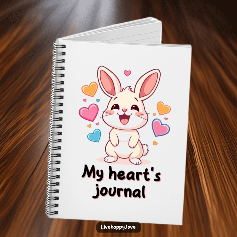 Funny notebook cover featuring a happy rabbit juggling a plentiful amount of colorful hearts, symbolizing love and creative thoughts.