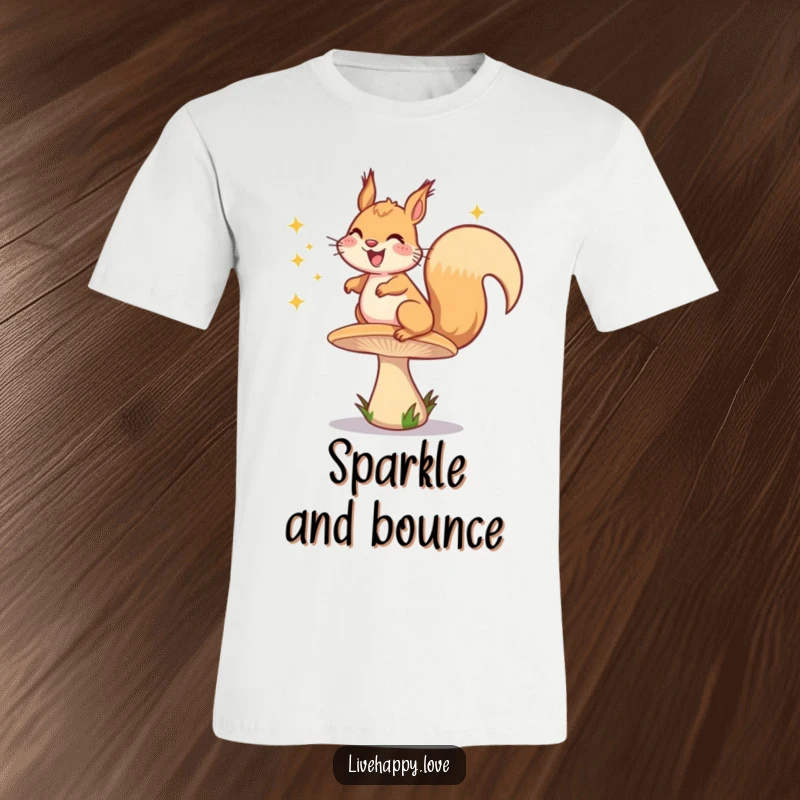 Funny t-shirt showing a grinning squirrel energetically bouncing on a springy mushroom, with a trail of happy sparkles behind it.