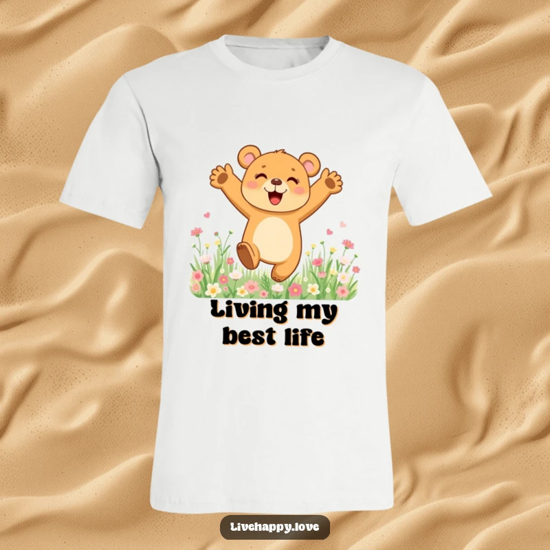 Funny t-shirt featuring a joyful bear cub with arms wide, leaping energetically through a lush field of colorful flowers.