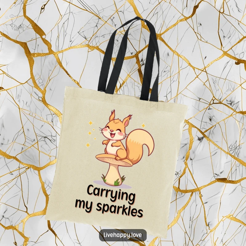 Funny tote bag illustrating a grinning squirrel energetically bouncing on a mushroom, surrounded by shimmering happy sparkles.