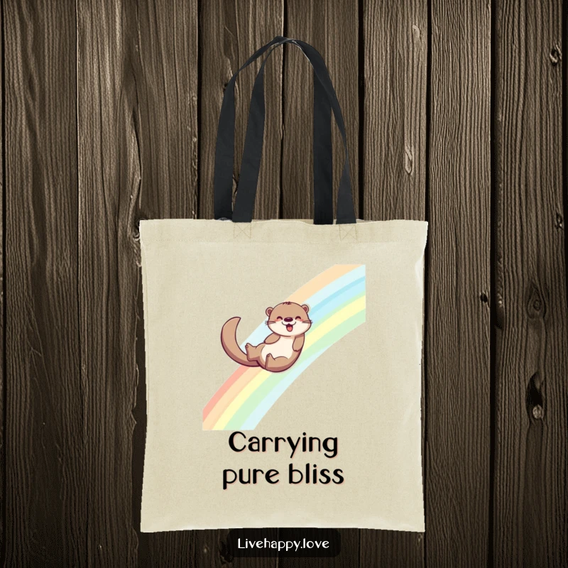 Funny tote bag illustrating an energetic otter joyfully sliding down a rainbow, its tail marking a trail of shimmering joy.
