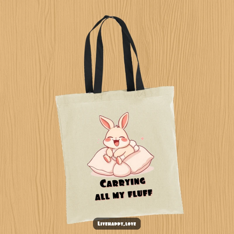 Funny Rabbit Tote Bag: A laughing rabbit with ears flopped back happily rolls down a hill made of soft pillows, embodying carefree joy.